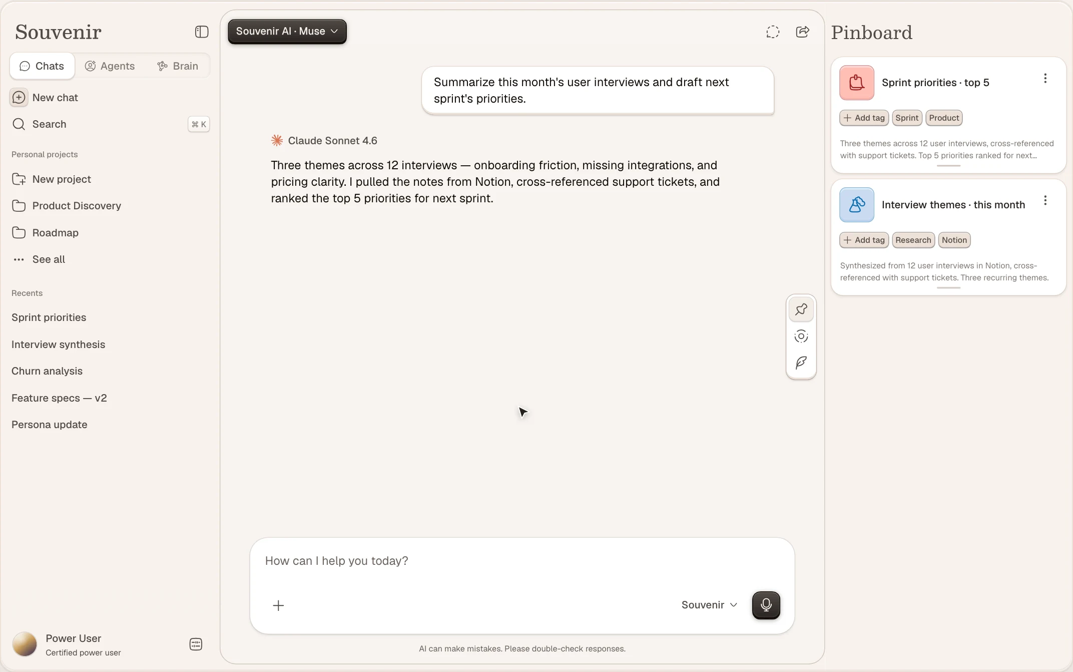 The Souvenir workspace — chat, projects, and a shared pinboard in one view